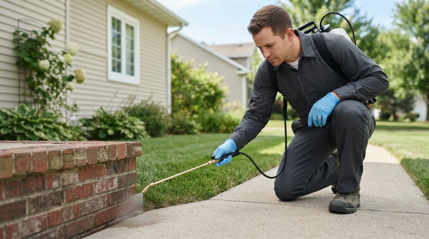 Pest control technician treating a home near Carlton, GA