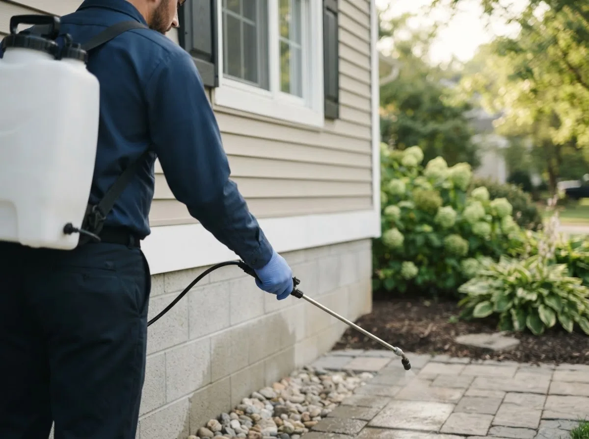 Pest control technician inspecting a home in Carlton, GA